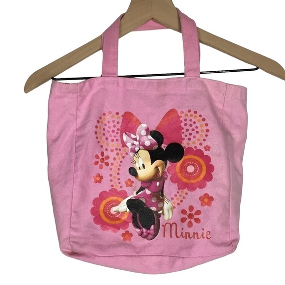 MINNIE MOUSE Mini Tote Bag Canvas Book Bag Flowers Floral Dot Pink Orange Disney - Picture 1 of 11